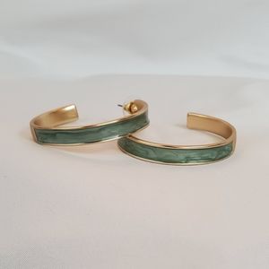 Green gold hoop earrings, jade color green inlay in gold color hoops, stud posts